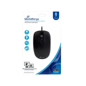 MediaRange Optical Mouse Corded 3-Button (Black, Wired) - Image 1