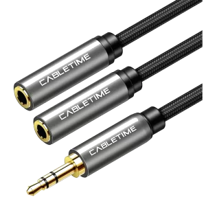 CABLETIME καλώδιο ήχου 3.5mm σε 2x 3.5mm CT-P12G, 3-pole, 20cm, μαύρο - Image 1