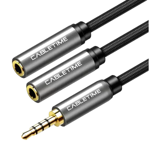 CABLETIME καλώδιο ήχου 3.5mm σε 2x 3.5mm CT-P12G4P, 4-pole, 20cm, μαύρο - Image 1